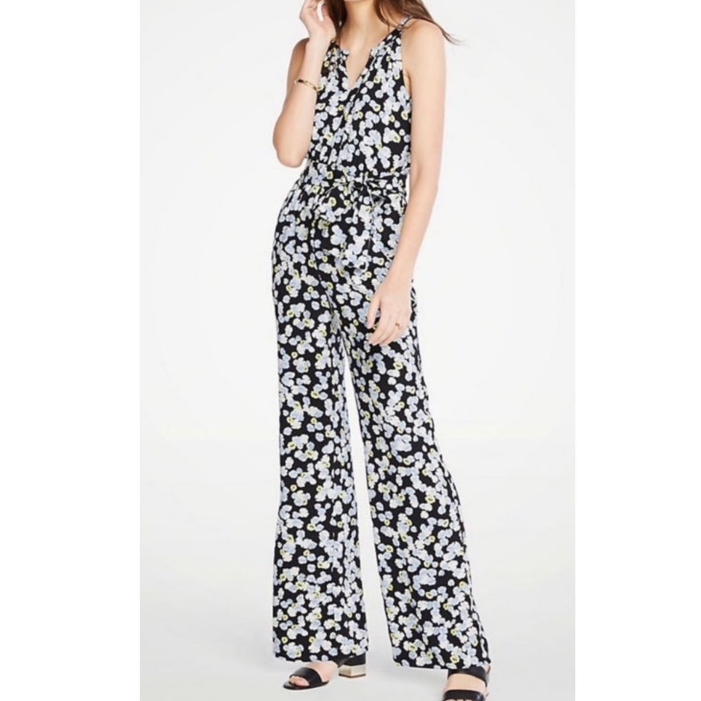 Ann Taylor Black Floral V-Neck Belted Wide-Leg Jumpsuit